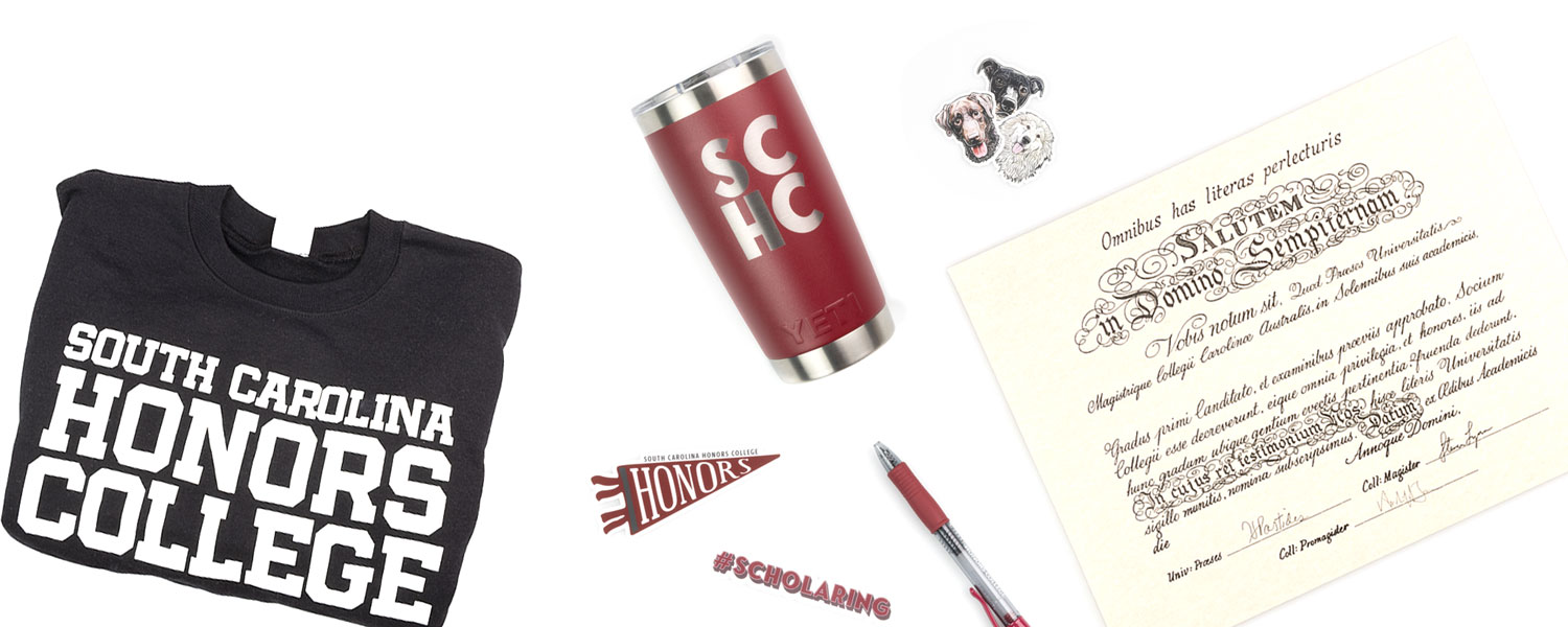 Various items related to the Honors College displayed on a white background.