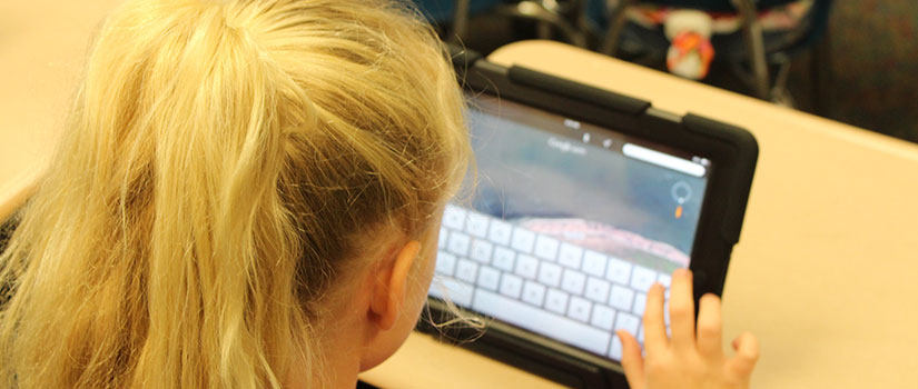 a blond white girl works on a tablet computer.