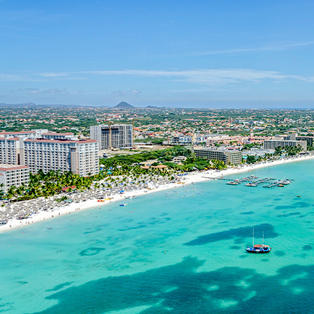 An aerial view of Aruba and its coastline.