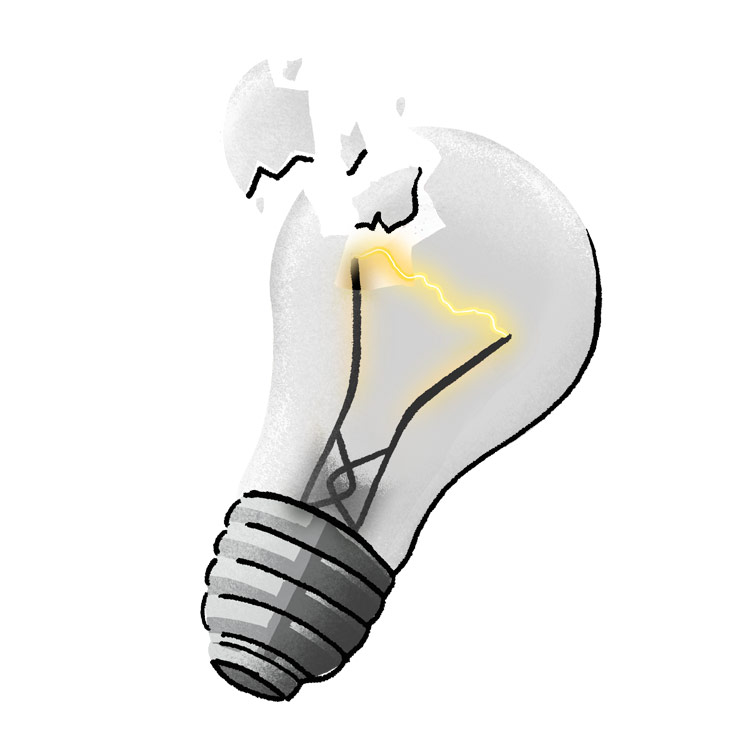 An illustration of a broken lightbulb with smoke coming out of it.